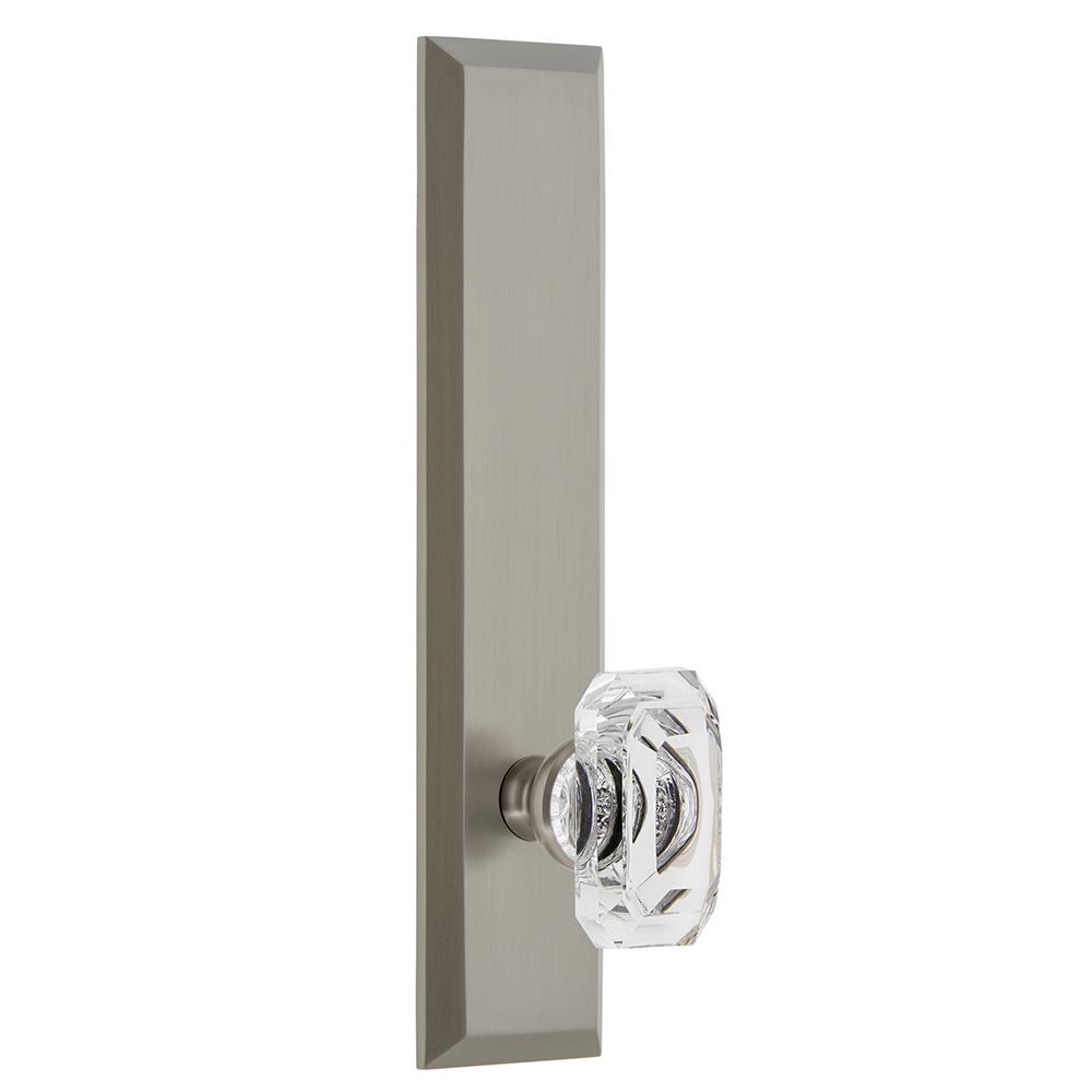 Grandeur by Nostalgic Warehouse FAVBCC Fifth Avenue Tall Plate Privacy with Baguette Clear Crystal Knob in Satin Nickel